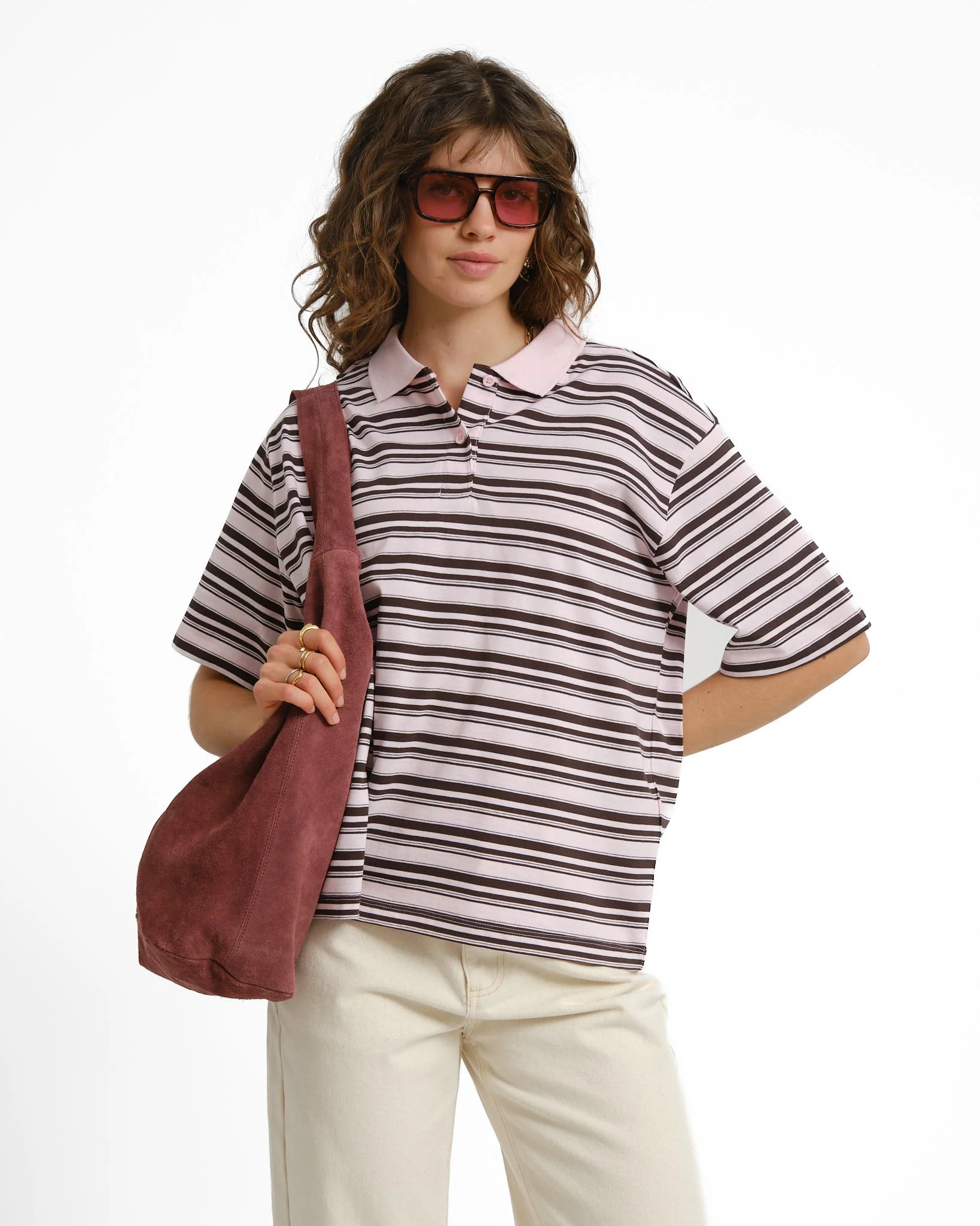 Aware Maren Polo Top Parfait Pink Chocolate Brown - Image 2