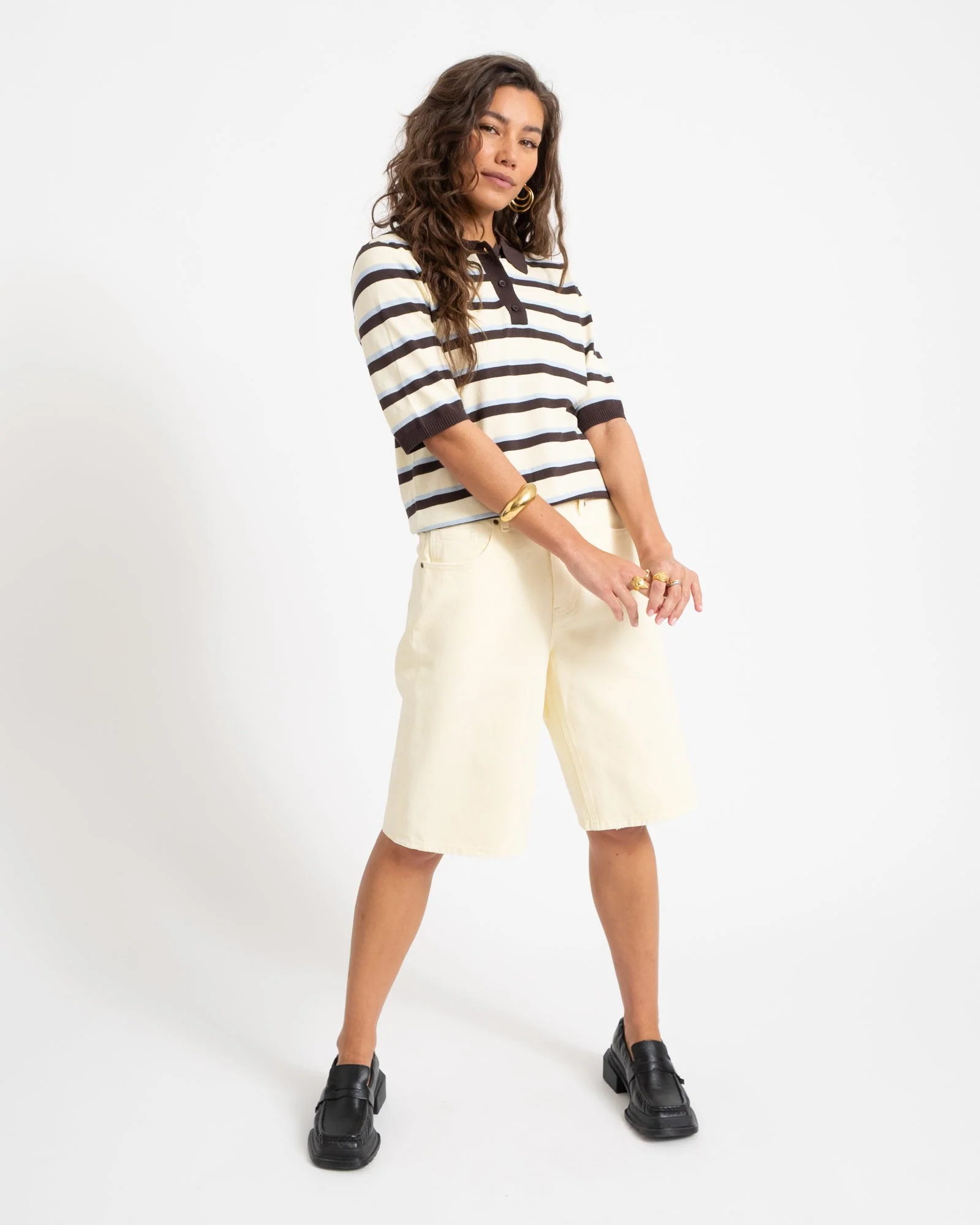 Aware Knit Polo Top Chocolate Brown White