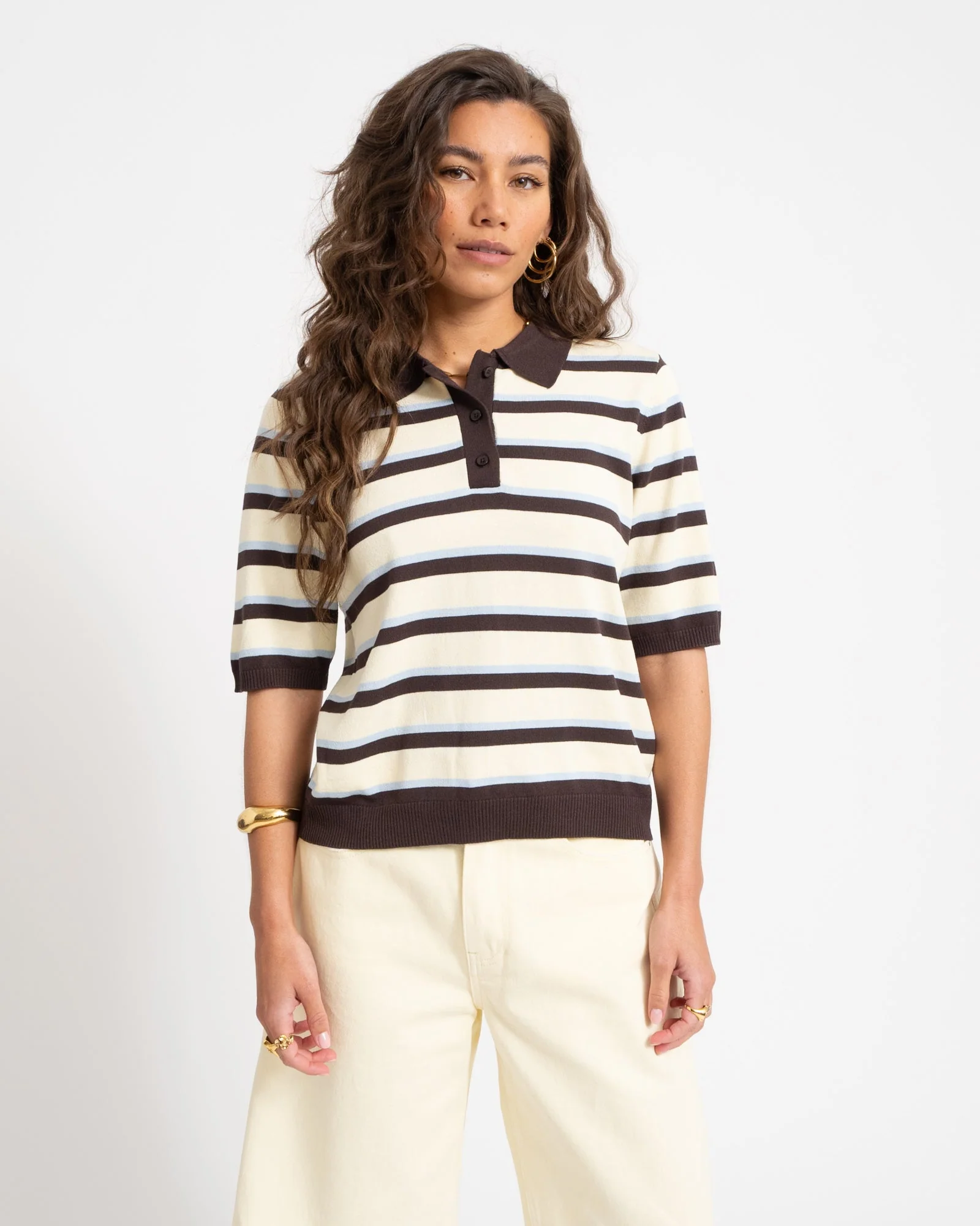 Aware Knit Polo Top Chocolate Brown White - Image 3