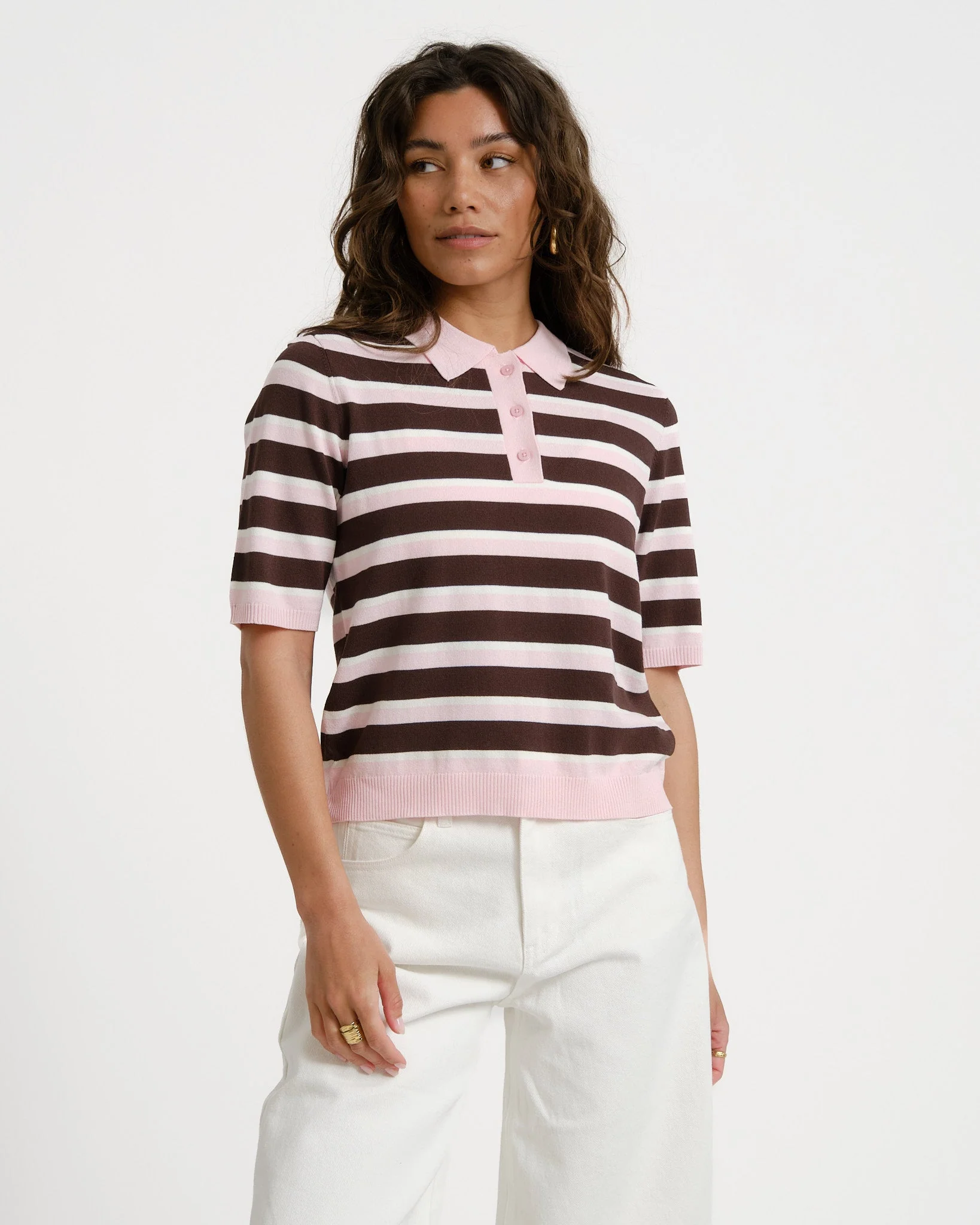 Aware Oline Knit Polo Top Pink Brown - Image 3
