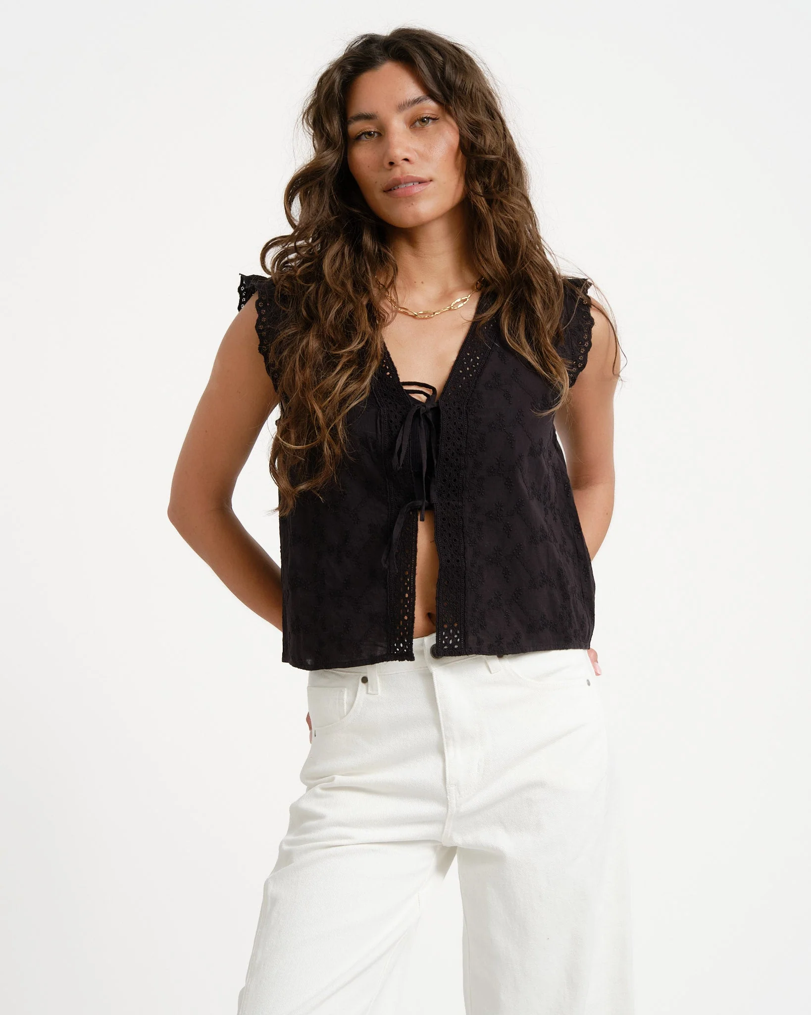 Jade Broderie Vest Black