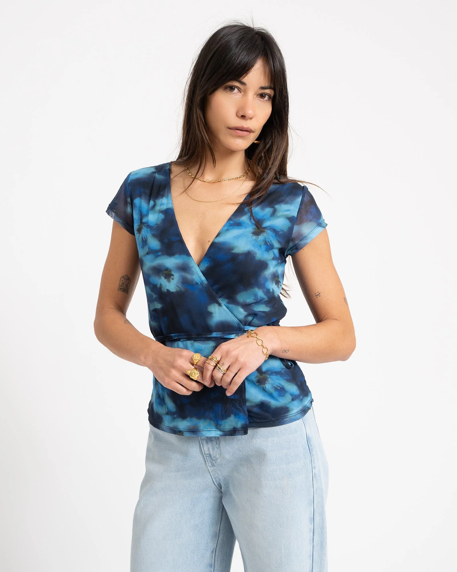 Minna Mesh Wrap Top Blue Blur Flower