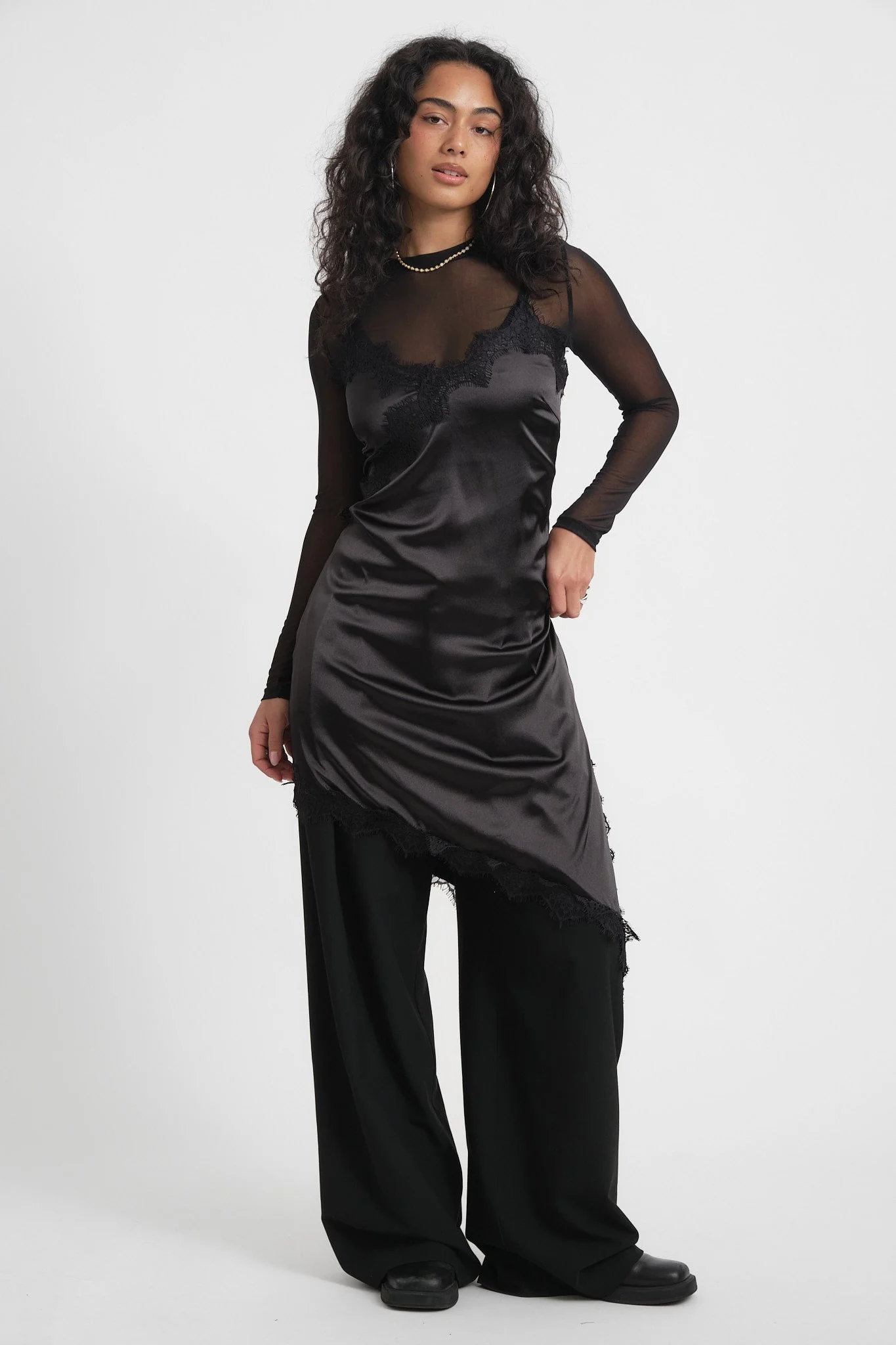 Sofie Satin Lace Dress Black - Image 3