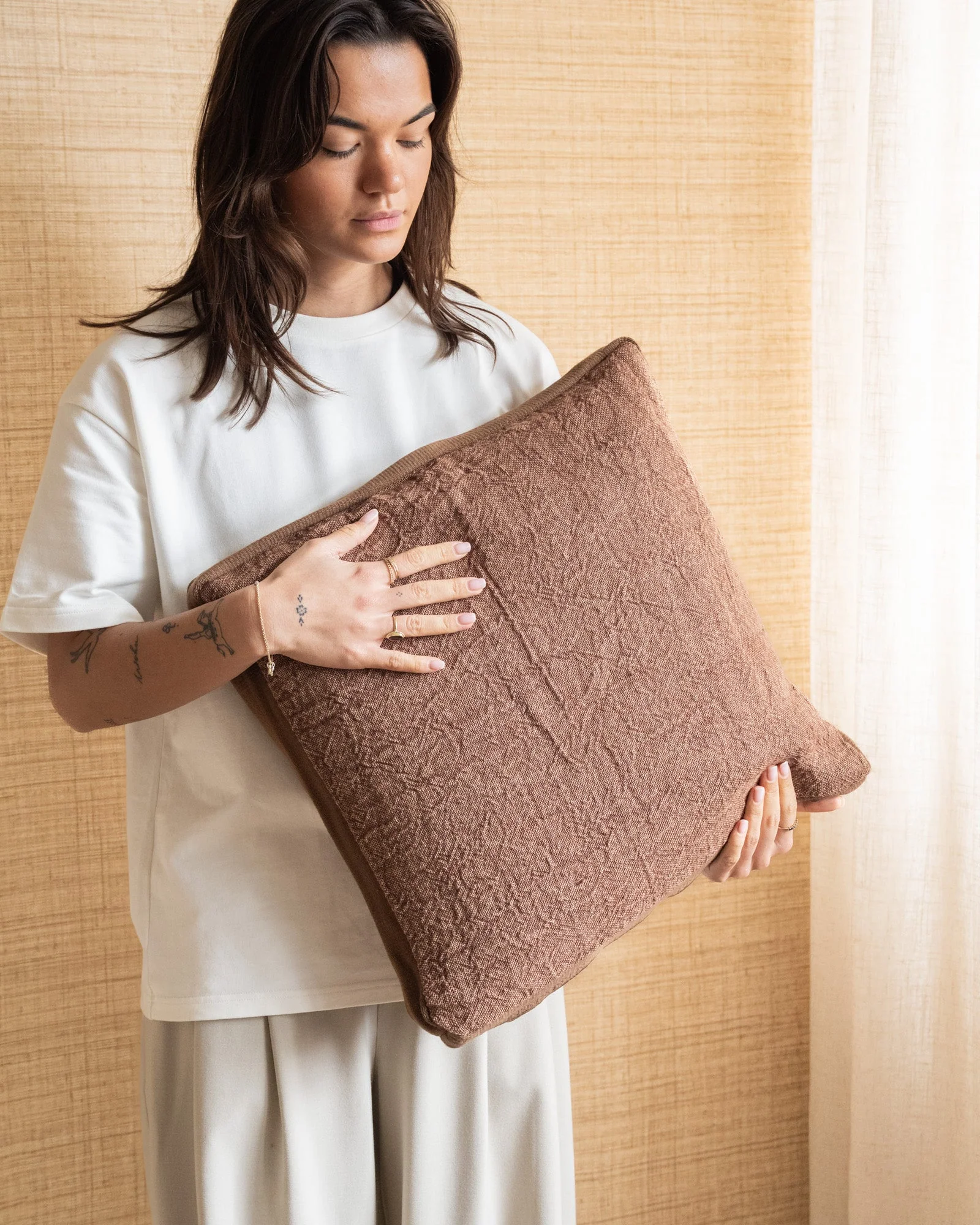 100% Feather Cushion Alpha Mocha Linen - Image 3
