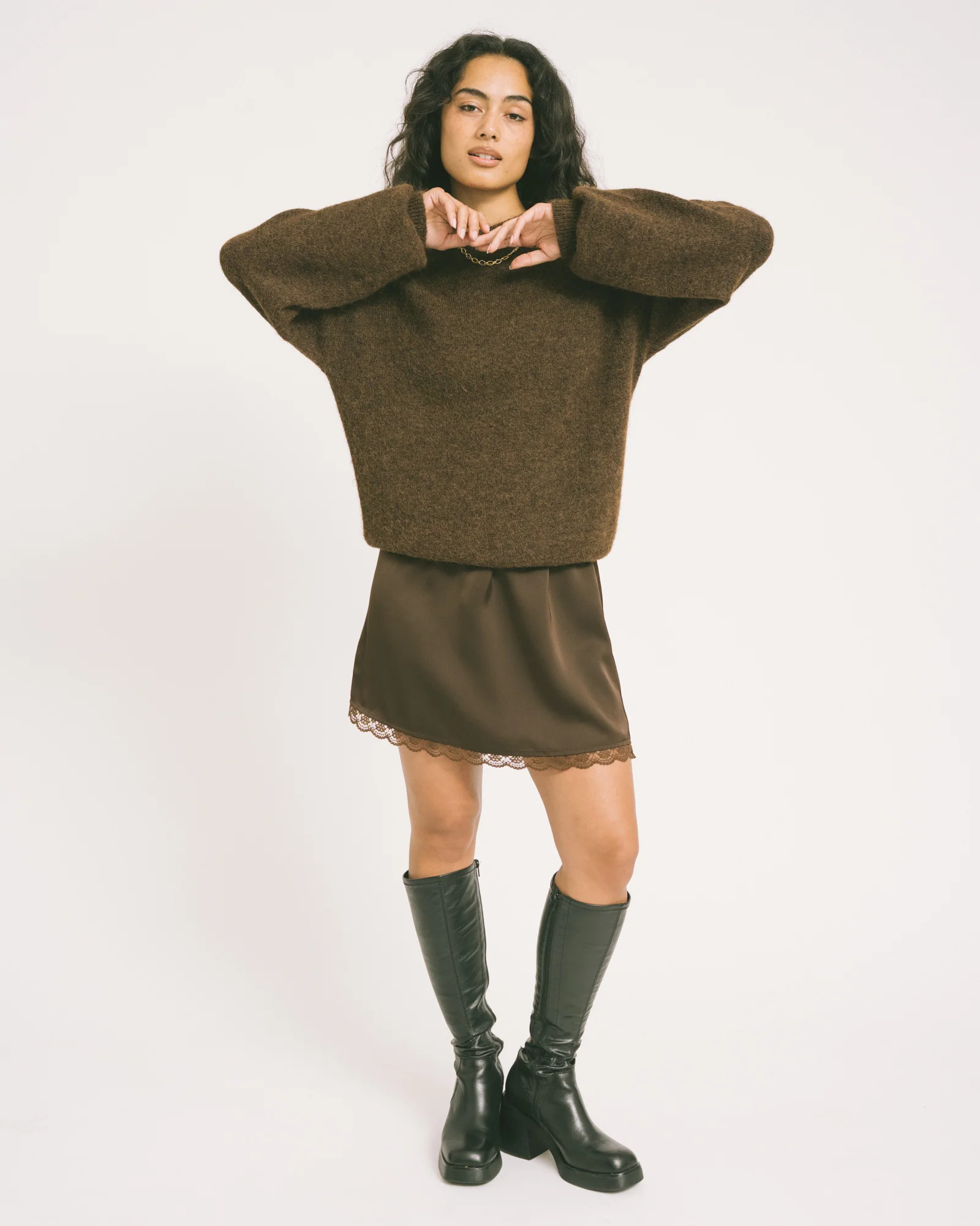 TILTIL Frederique Satin Skirt Lace Brown