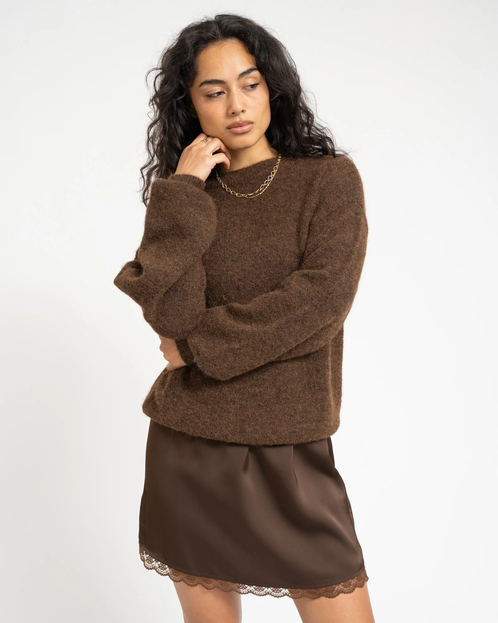 TILTIL Frederique Satin Skirt Lace Brown - Image 2