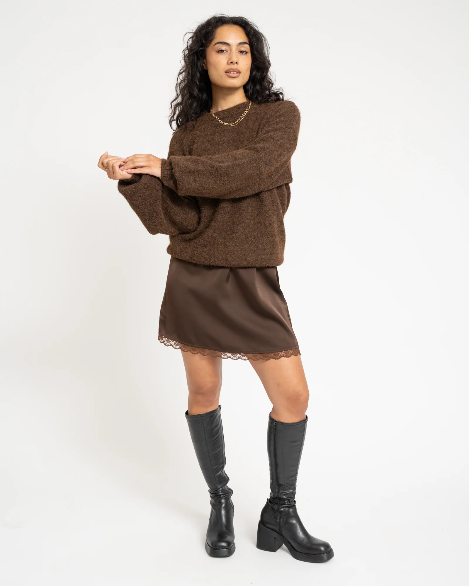 TILTIL Frederique Satin Skirt Lace Brown - Image 7