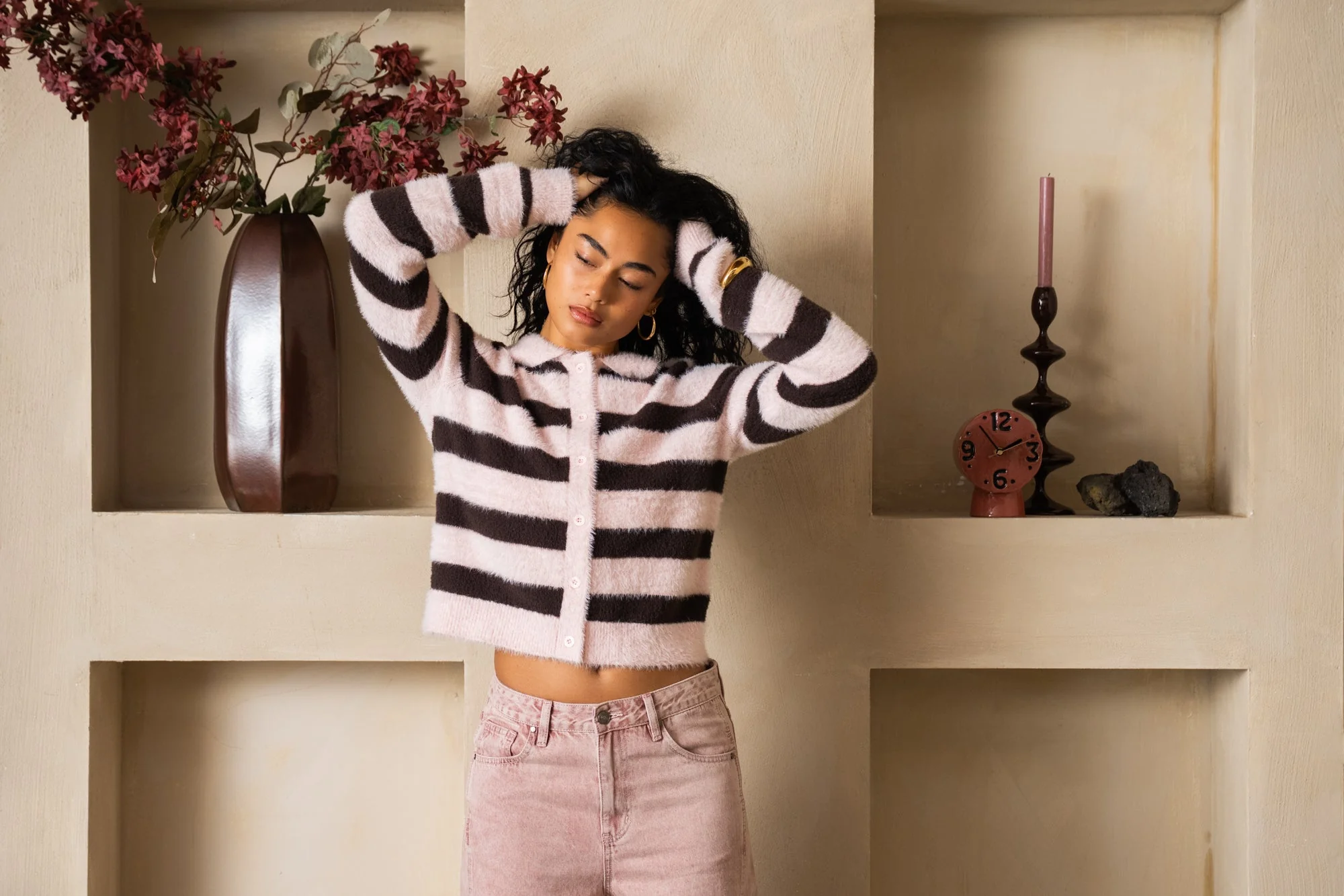 TILTIL Cela Striped Polo Cardigan Pink Brown