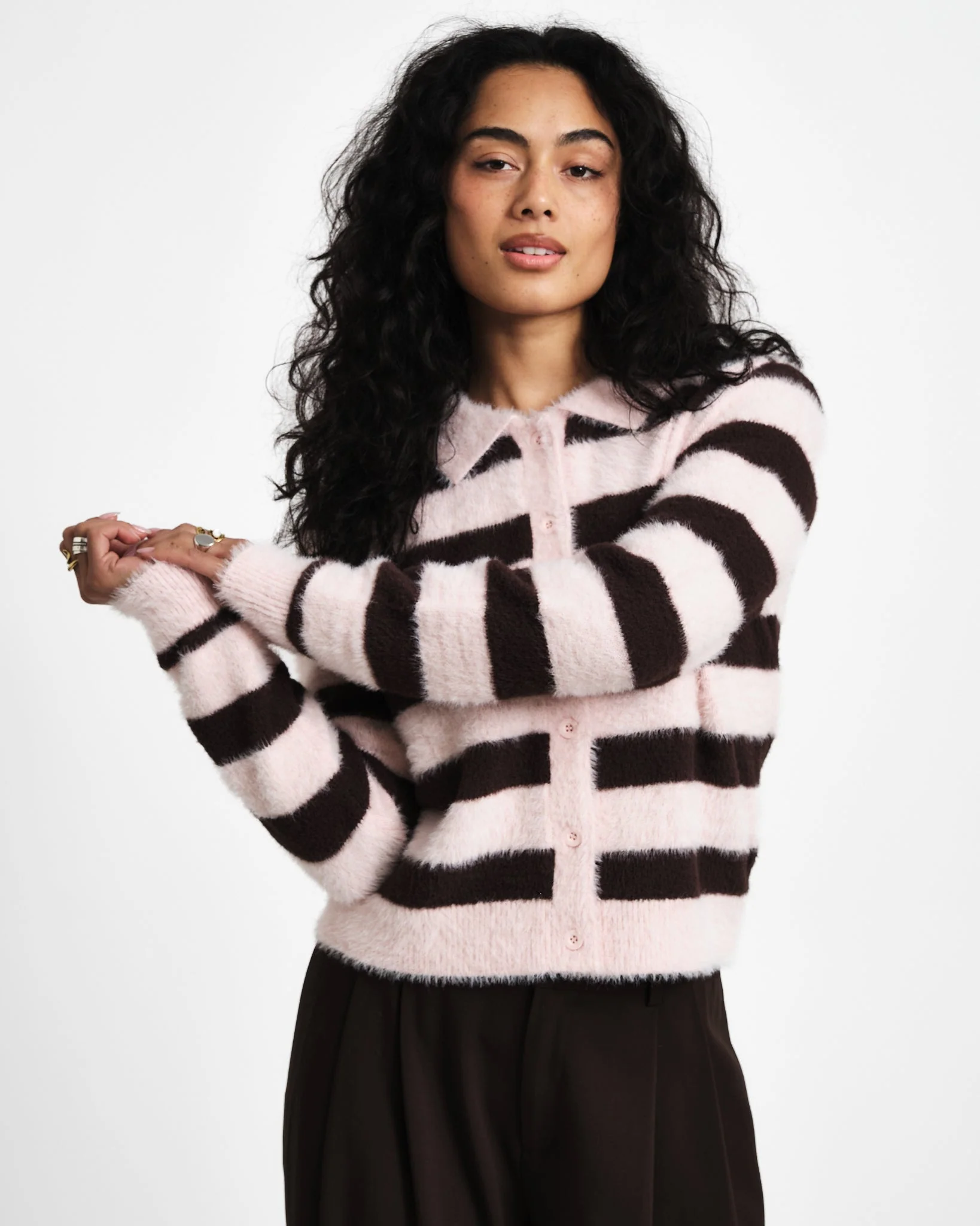 TILTIL Cela Striped Polo Cardigan Pink Brown - Image 3