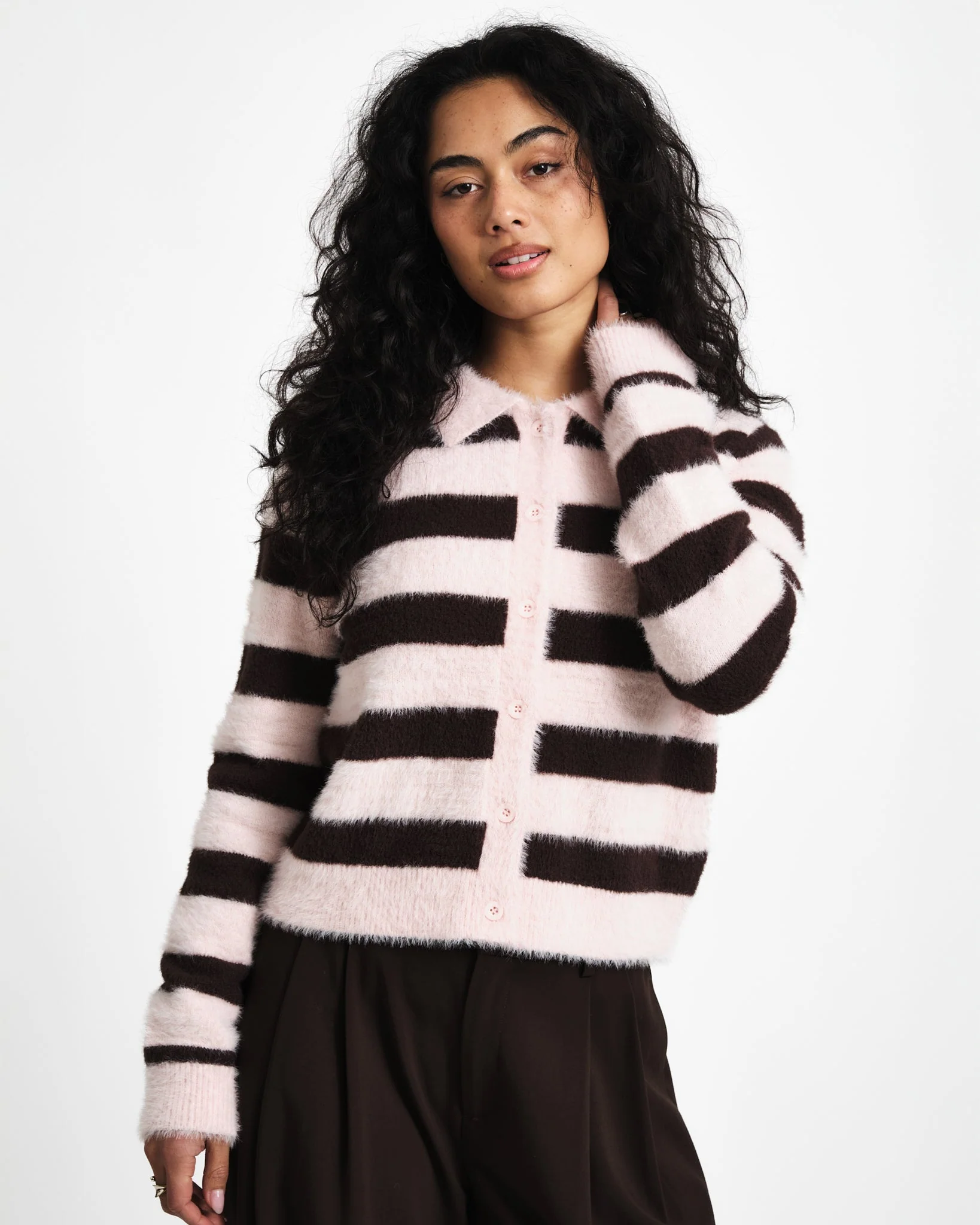 TILTIL Cela Striped Polo Cardigan Pink Brown - Image 4