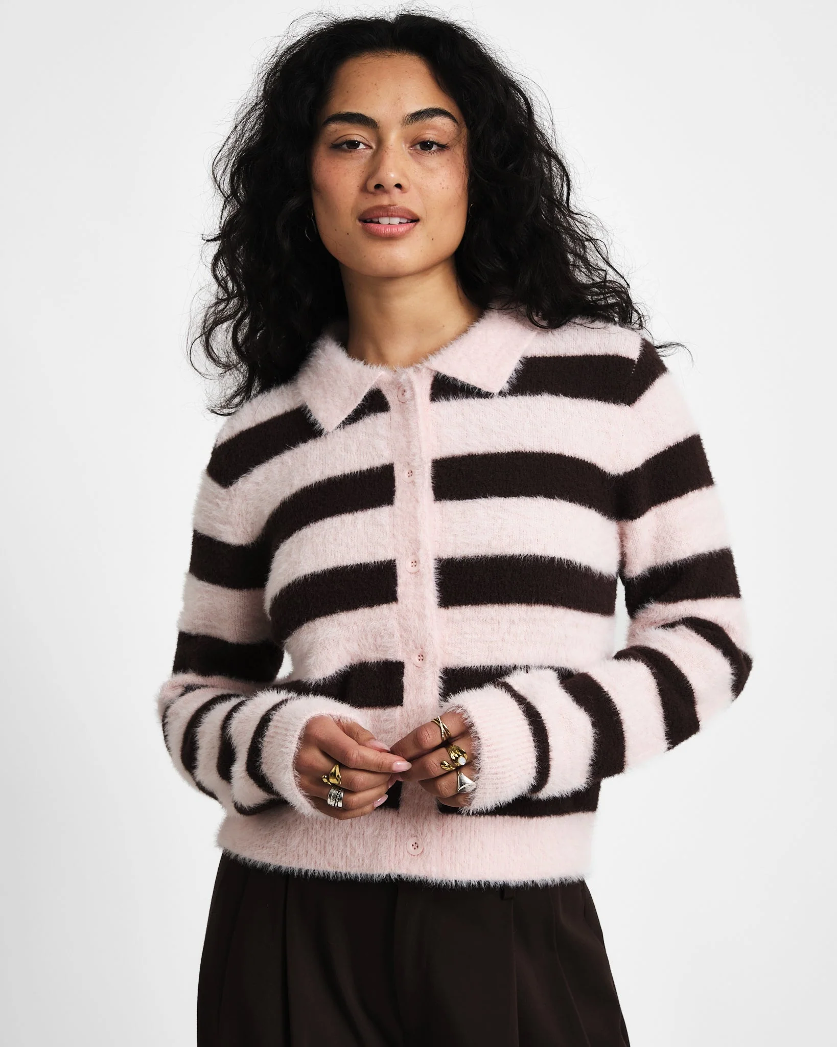 TILTIL Cela Striped Polo Cardigan Pink Brown - Image 5