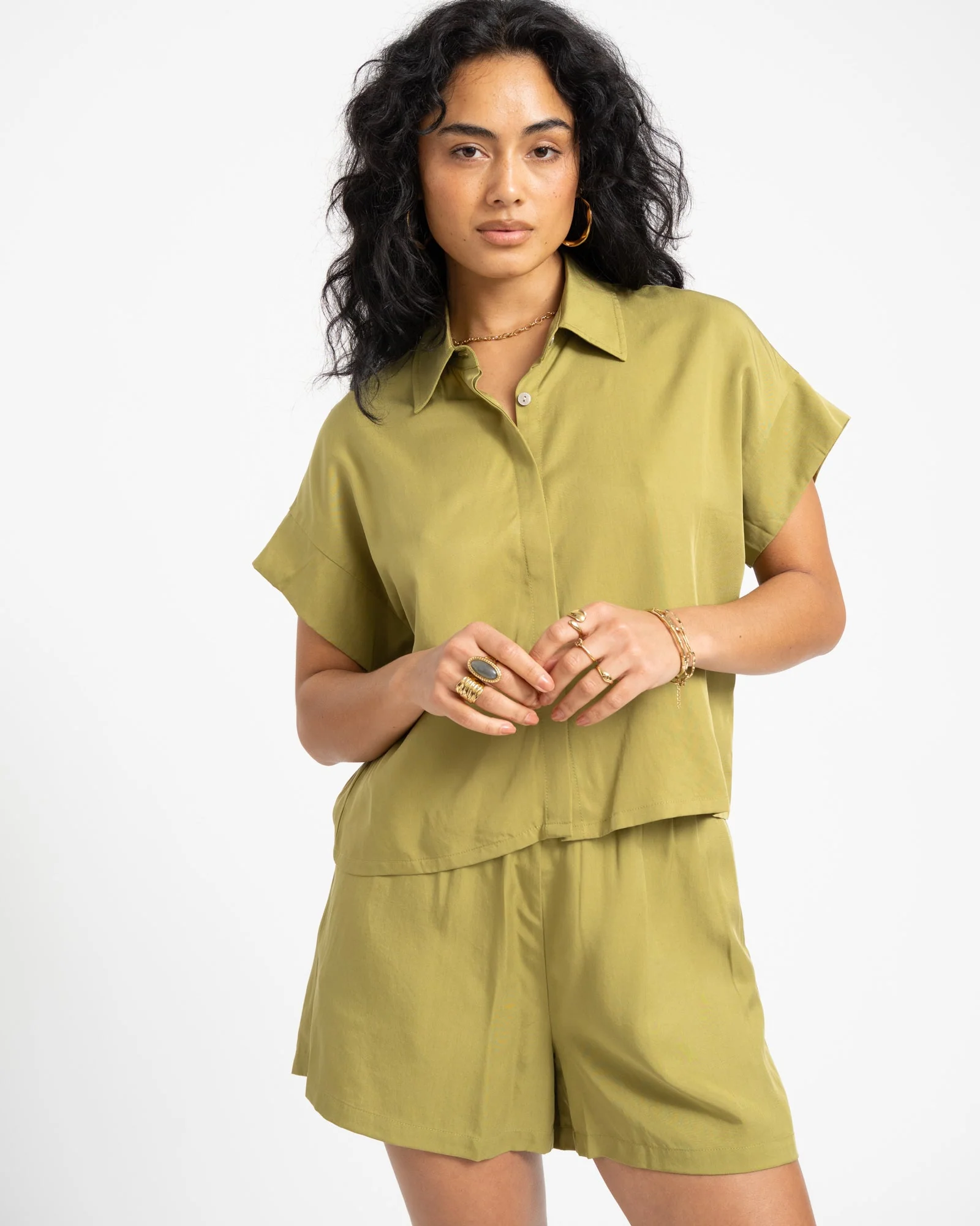TILTIL Elin Tencel Short Sleeve Blouse Moss Green - Image 3