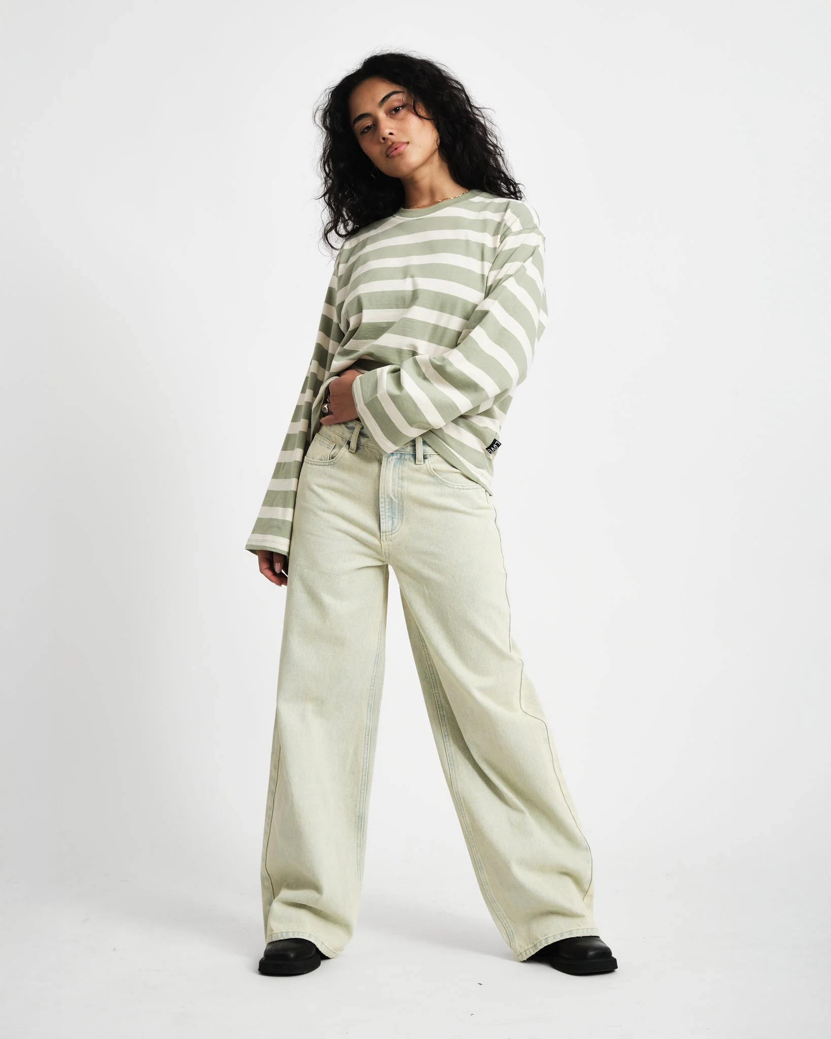 TILTIL Longsleeve Thick Striped Doka Tee Light Green - Image 3