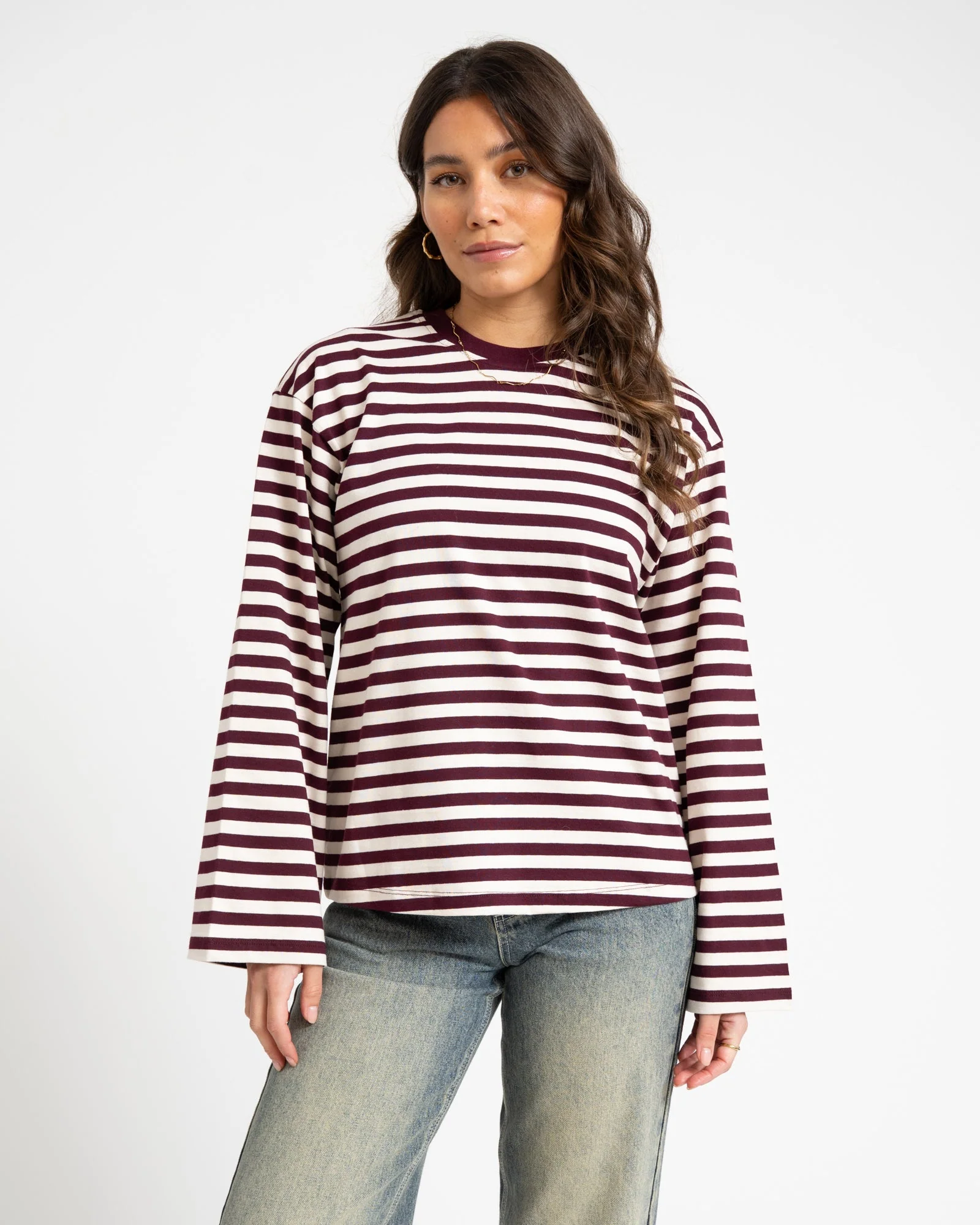 TILTIL Longsleeve Thin Striped Doka Tee Dark Burgundy - Image 3