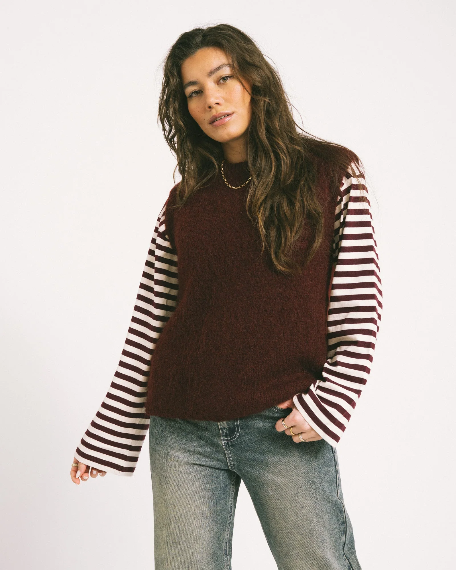 TILTIL Longsleeve Thin Striped Doka Tee Dark Burgundy - Image 6