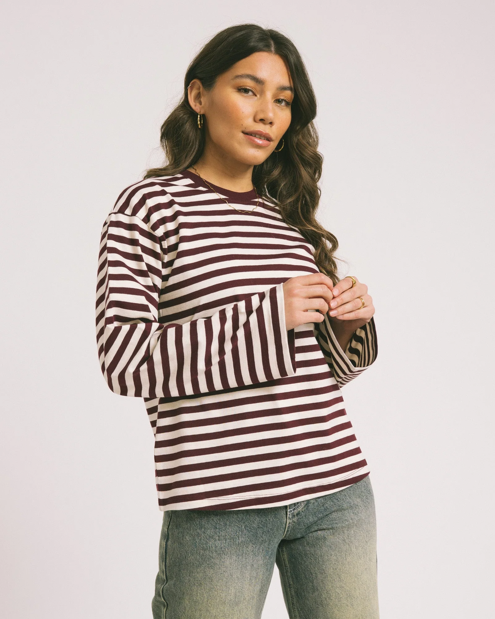 TILTIL Longsleeve Thin Striped Doka Tee Dark Burgundy - Image 7
