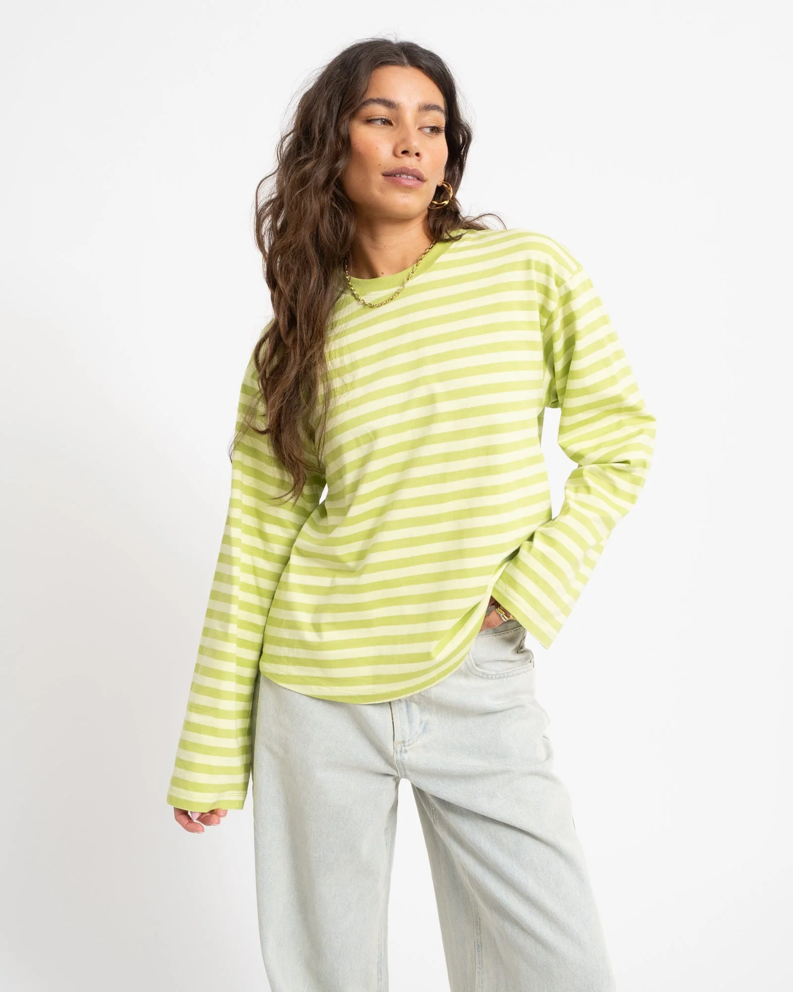 TILTIL Longsleeve Thin Striped Doka Tee Matcha Green - Image 4