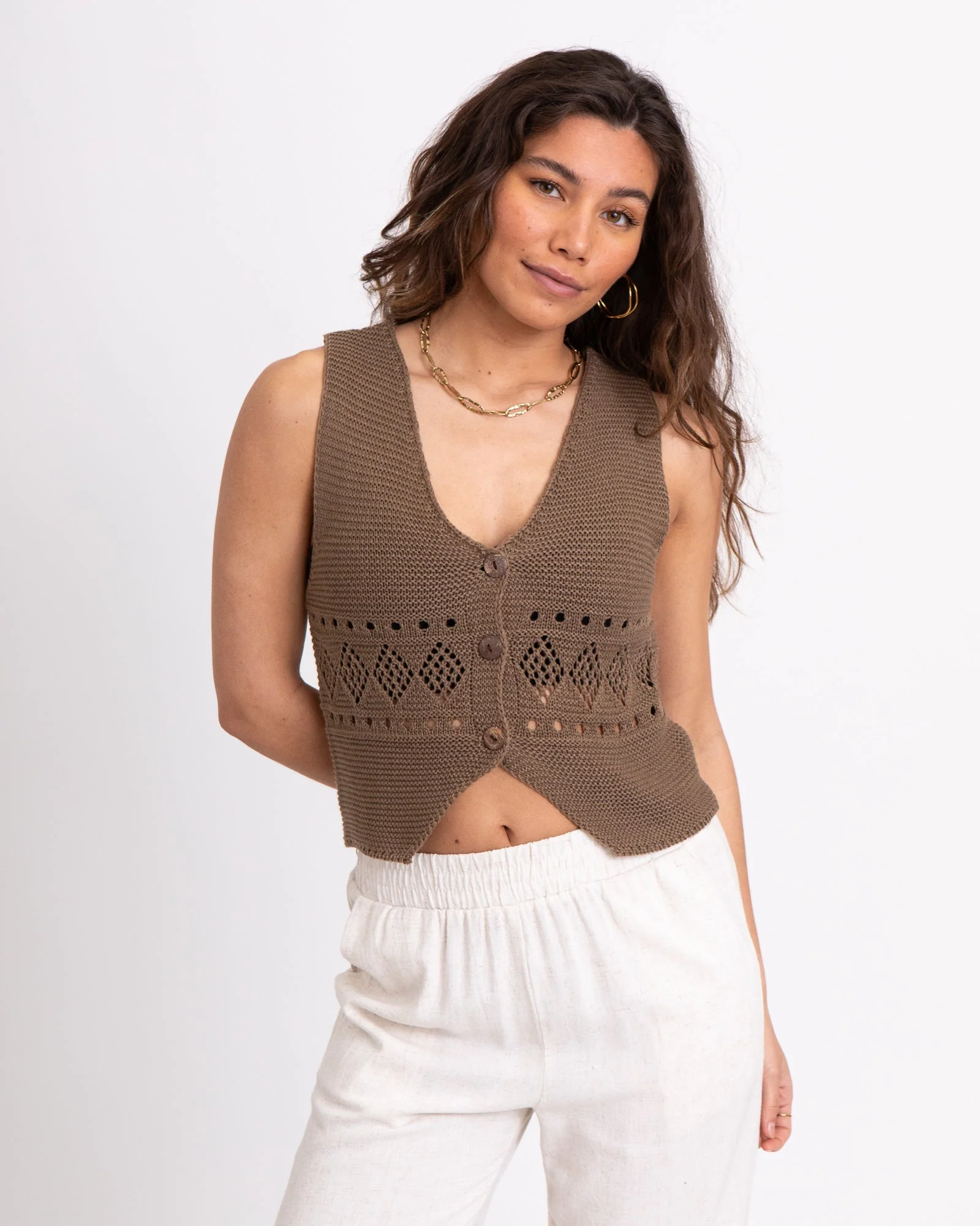 TILTIL Richelle Knit Top Button Taupe One Size