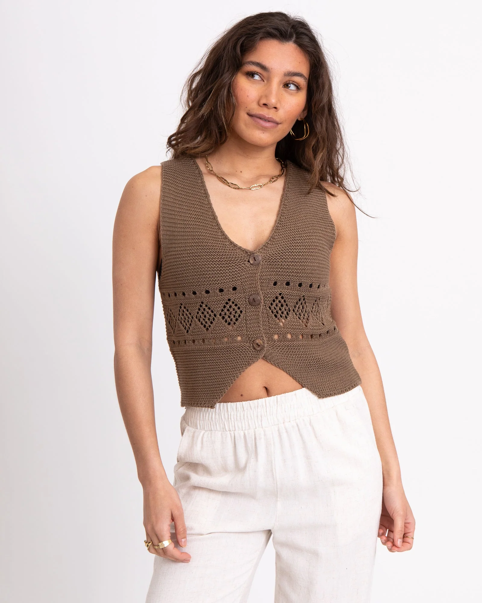 TILTIL Richelle Knit Top Button Taupe One Size - Image 3