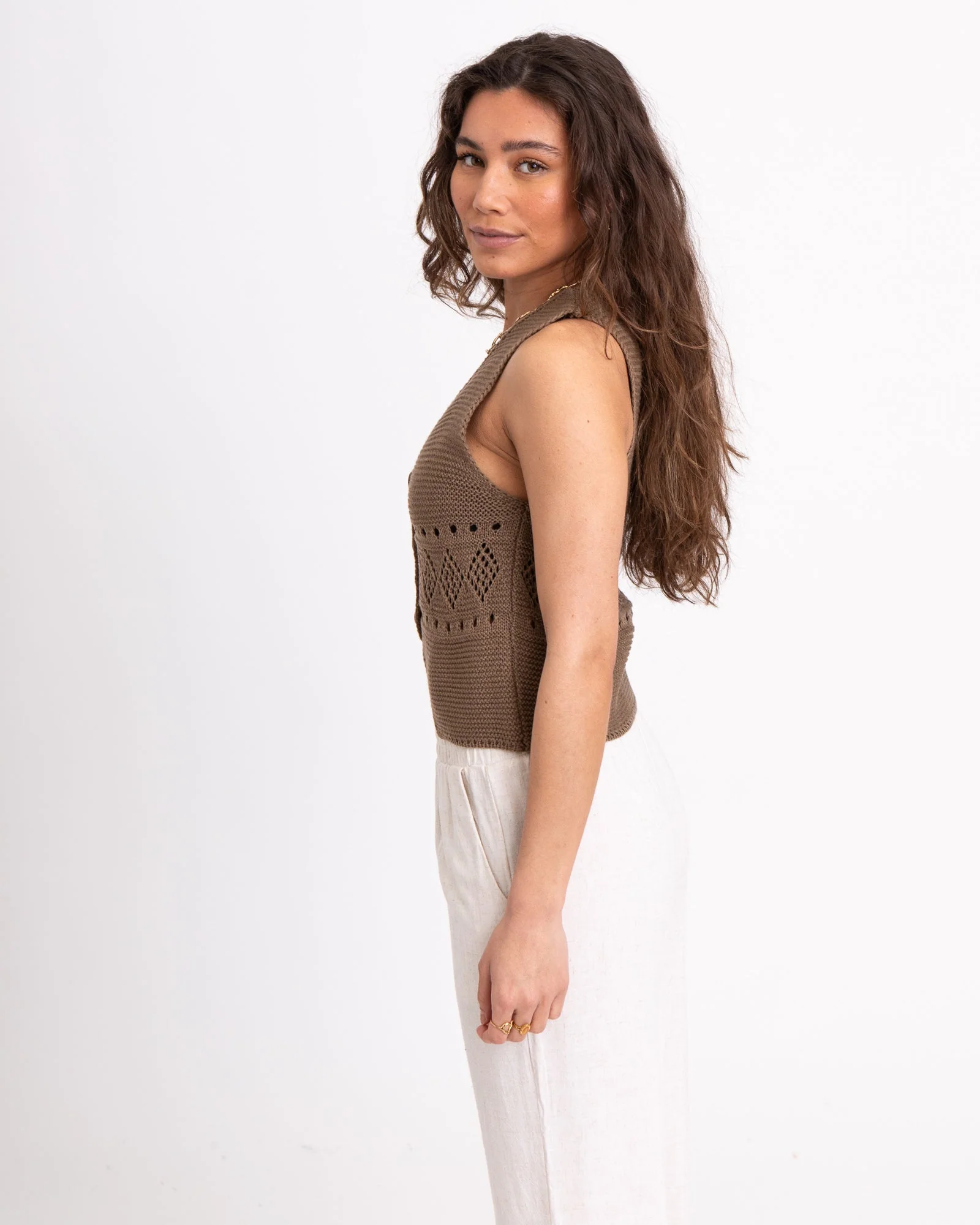 TILTIL Richelle Knit Top Button Taupe One Size - Image 5