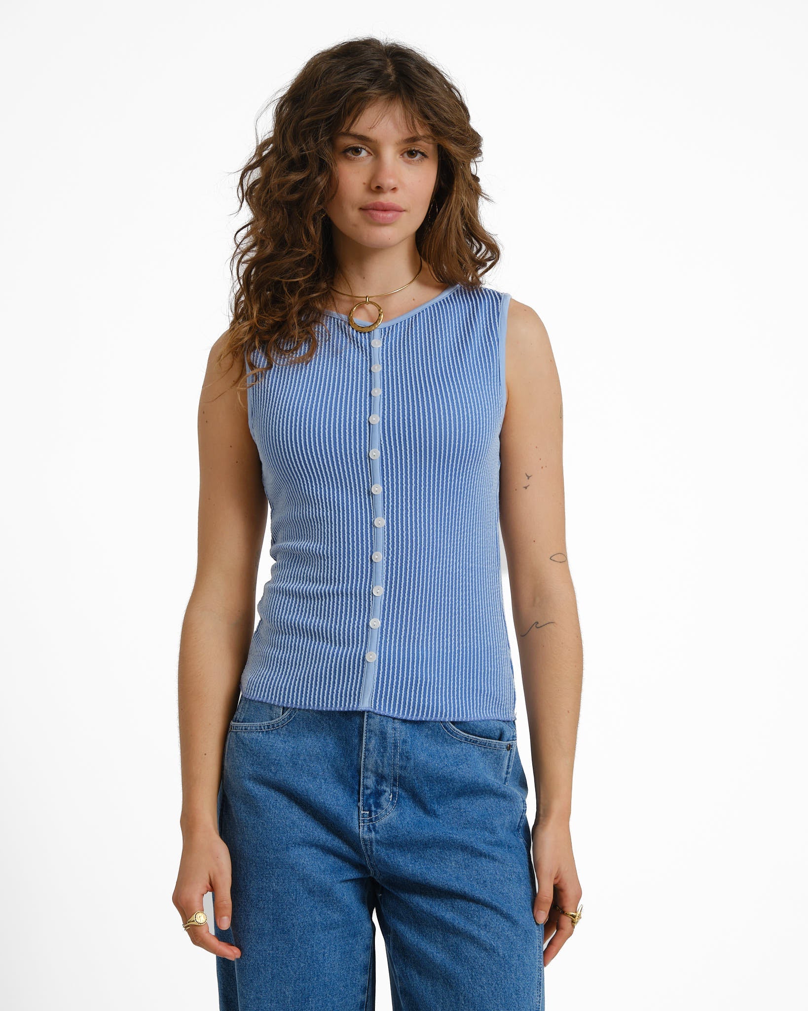 TILTIL Striped Fonna Button Top Blue - Image 3