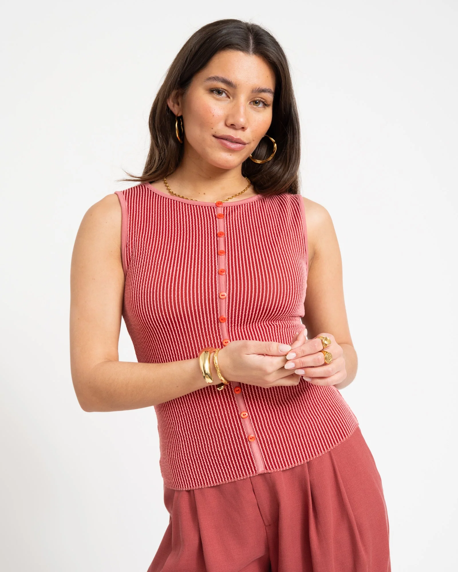 TILTIL Striped Fonna Button Top Dark Pink - Image 3