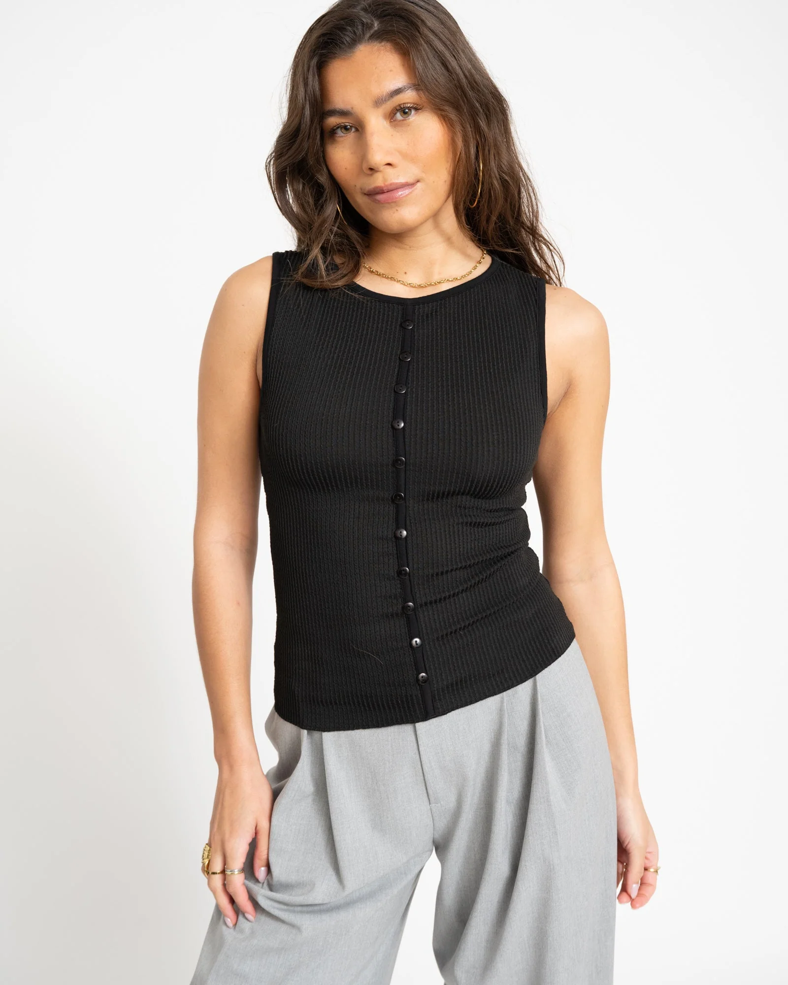 TILTIL Striped Fonna Button Top Black