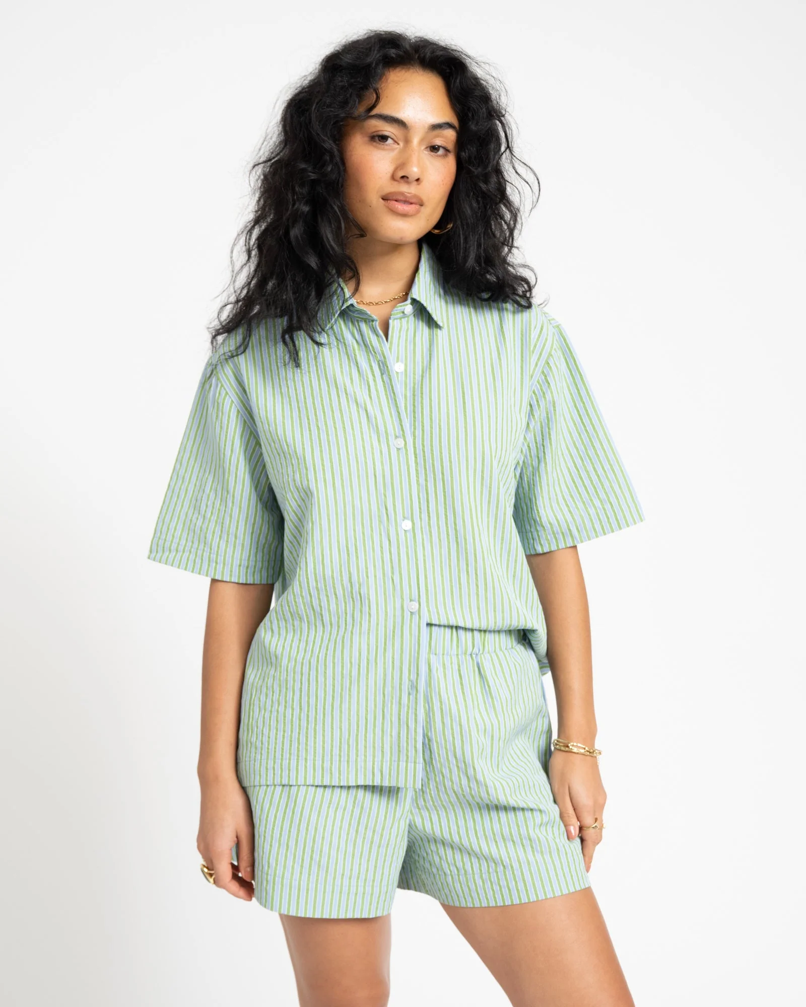 TILTIL Striped Silia Shortsleeve Blouse Light Green - Image 3