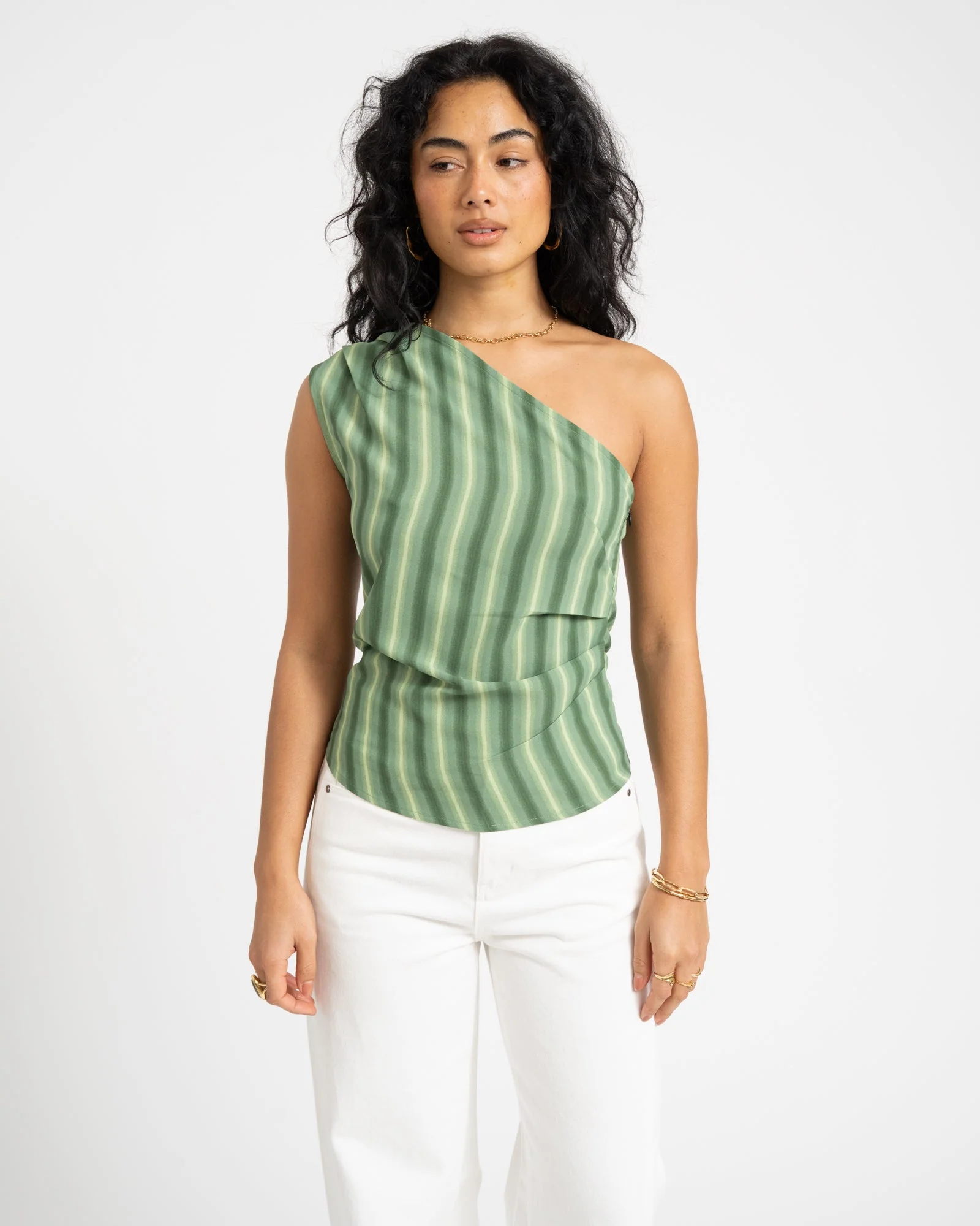 TILTIL Striped Ylva One Shoulder Green - Image 4