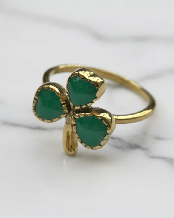 Ring Brass Clover Dark Green Resin Goud - Image 2