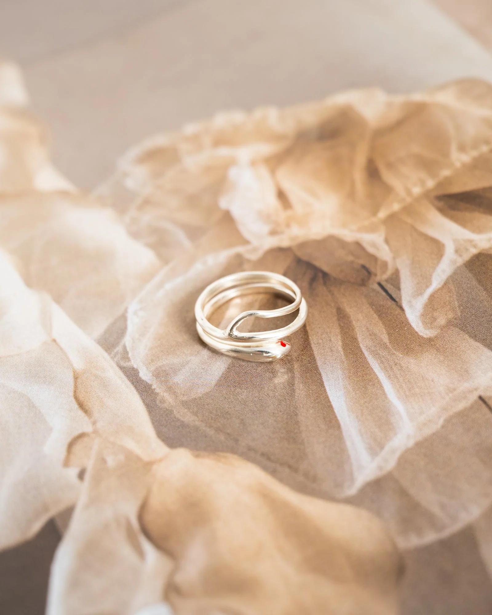 Brass Tiny Snake Ring With Red Resin Eye Silver